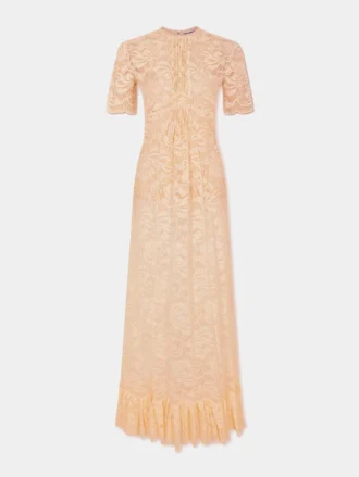 Lange raffia-kleurige kanten jurk